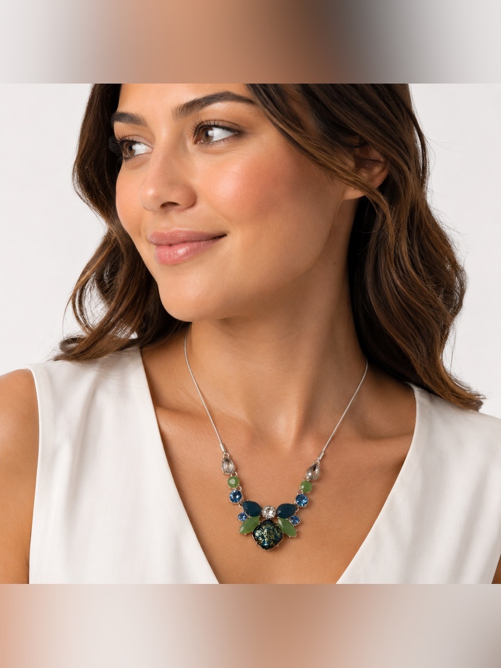 Nine West Statement Necklace Blue Green Crystal Bib Necklace Silver Tone Floral